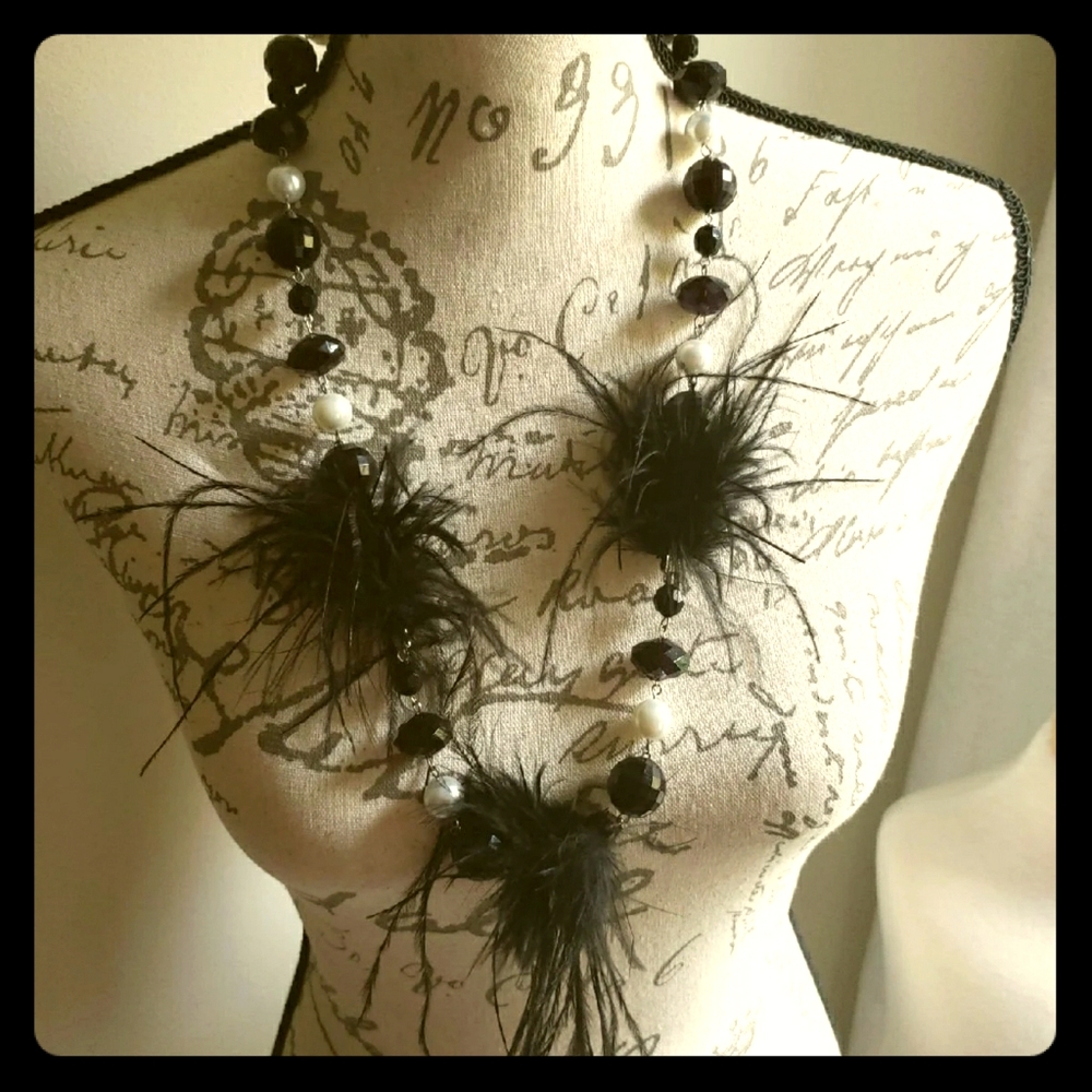 Feather necklace white pearl and midnight purple unique